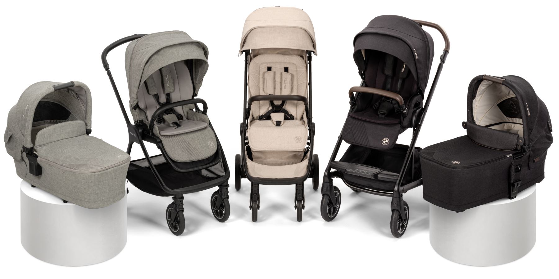 Image of TRIV next, TRVL lx, MIXX next: the three strollers in the Nuna x BMW collection