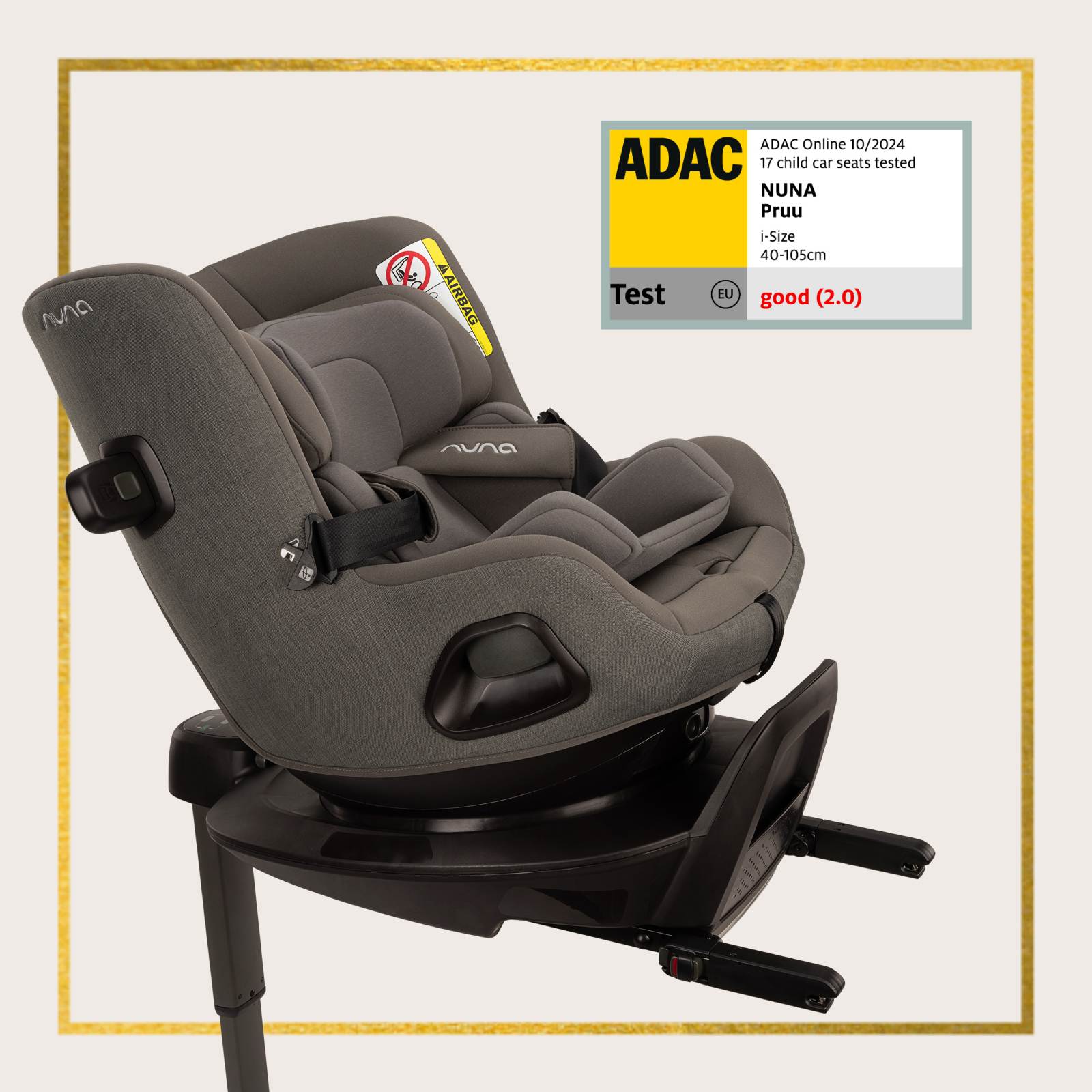 PRUU™ in Granite with ADAC Award Seal: ADAC Online 10/20224, 17 child car seats tested | NUNA PRUU | i-Size, 40-105cm | Test EU - good (2.0)